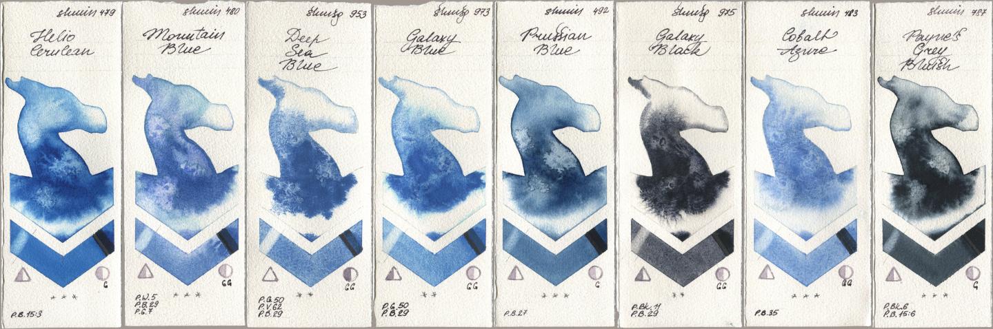 Shminke Horadam Aquarell 479 Helio Cerulean, 480 Mountain Blue, 953 Deep Sea Blue, 973 Galaxy Blue, 492 Prussian Blue, 975 Galaxy Black, 483 Cobalt Azure, 787 Paynes Grey Blui watercolor swatch