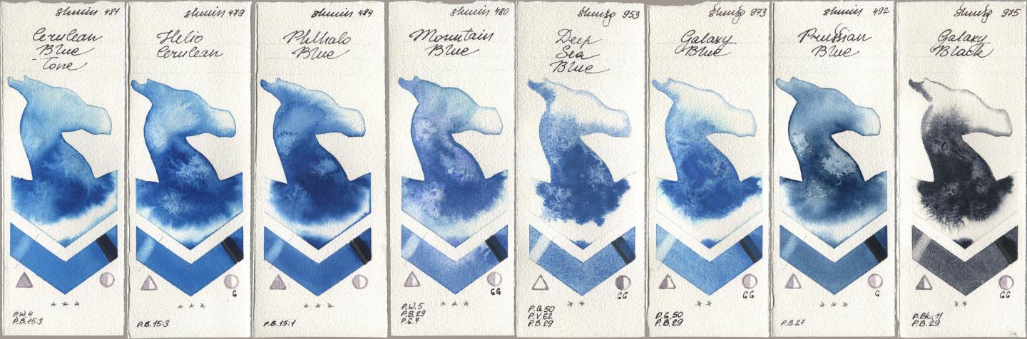 Shminke Horadam Aquarell 481 Cerulean Blue Tone, 479 Helio Cerulean, 484 Phthalo Blue, 480 Mountain Blue, 953 Deep Sea Blue, 973 Galaxy Blue, 492 Prussian Blue, 975 Galaxy Bla watercolor swatch