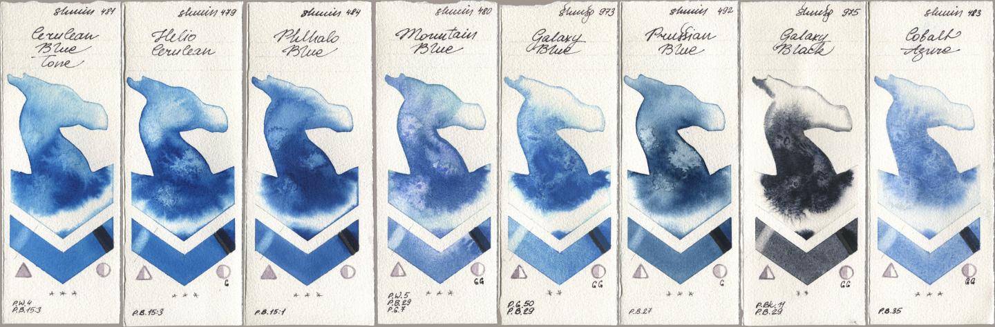 Shminke Horadam Aquarell 481 Cerulean Blue Tone, 479 Helio Cerulean, 484 Phthalo Blue, 480 Mountain Blue, 973 Galaxy Blue, 492 Prussian Blue, 975 Galaxy Black, 483 Cobalt Azu watercolor swatch