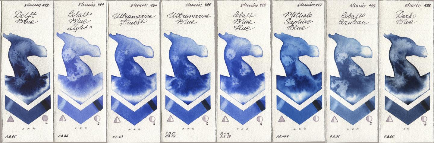 Shminke Horadam Aquarell 482 Delft Blue, 487 Cobalt Blue Light, 494 Ultramarine Finest, 496 Ultramarine Blue, 486 Cobalt Blue Hue, 477 Phthalo Saphire Blue, 499 Cobalt Cerulean, 498 Dark Bl watercolor swatch