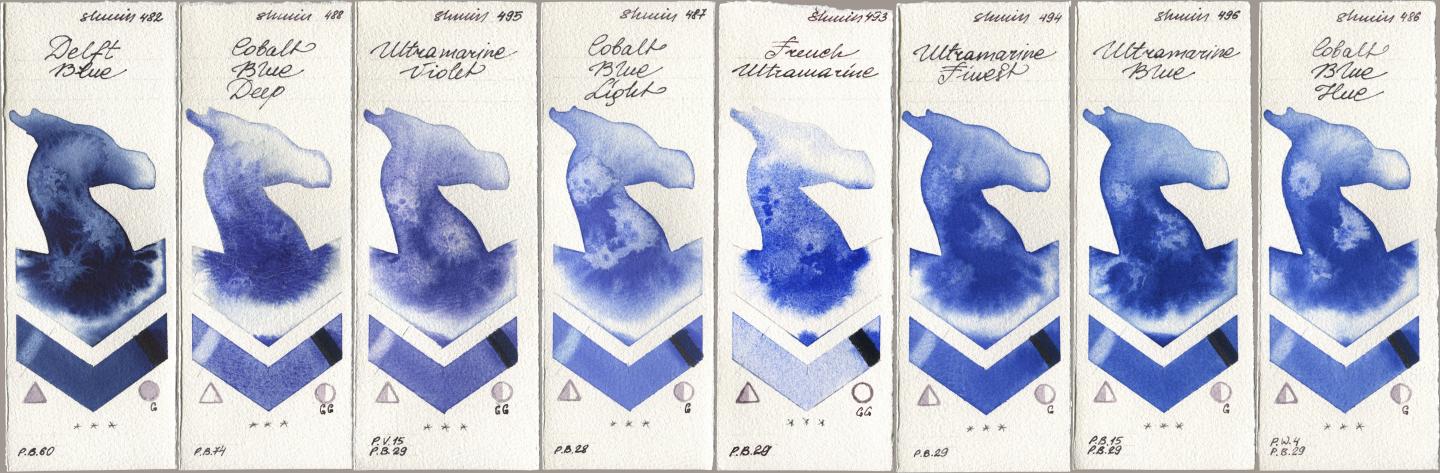 Shminke Horadam Aquarell 482 Delft Blue, 488 Cobalt Blue Deep, 495 Ultramarine Violet, 487 Cobalt Blue Light, 493 French Ultramarine, 494 Ultramarine Finest, 496 Ultramarine Blue, 486 Cobalt Blue H watercolor swatch