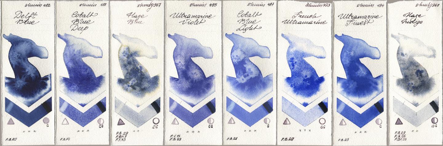 Shminke Horadam Aquarell 482 Delft Blue, 488 Cobalt Blue Deep, 967 Haze Blue, 495 Ultramarine Violet, 487 Cobalt Blue Light, 493 French Ultramarine, 494 Ultramarine Finest, 968 Haze Indi watercolor swatch