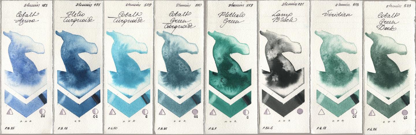Shminke Horadam Aquarell 483 Cobalt Azure, 475 Helio Turquoise, 509 Cobalt Turquoise, 510 Cobalt Green Turquoise, 519 Phthalo Green, 781 Lamp Black, 513 Viridian, 533 Cobalt Green Da watercolor swatch