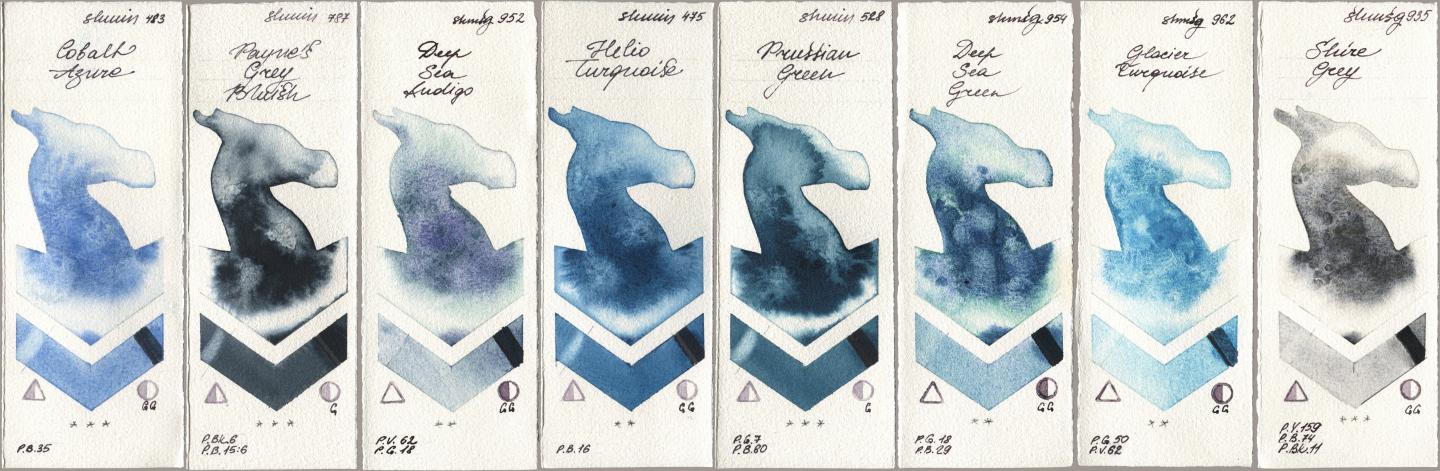 Shminke Horadam Aquarell 483 Cobalt Azure, 787 Paynes Grey Bluish, 952 Deep Sea Indigo, 475 Helio Turquoise, 528 Prussian Green, 954 Deep Sea Green, 962 Glacier Turquoise, 935 Shire Gr watercolor swatch