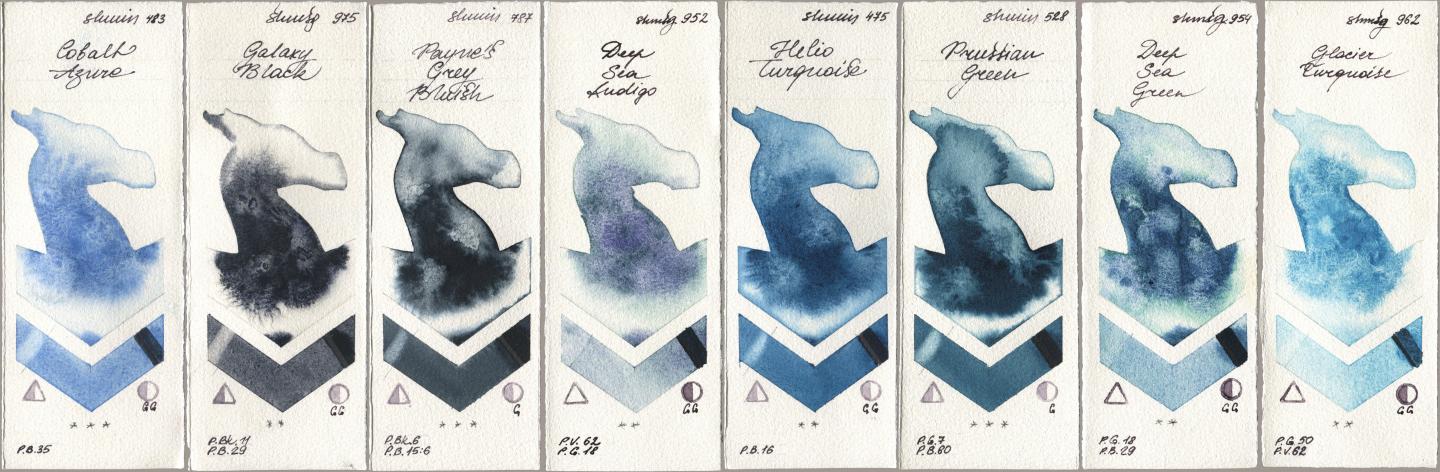 Shminke Horadam Aquarell 483 Cobalt Azure, 975 Galaxy Black, 787 Paynes Grey Bluish, 952 Deep Sea Indigo, 475 Helio Turquoise, 528 Prussian Green, 954 Deep Sea Green, 962 Glacier Turquoi watercolor swatch