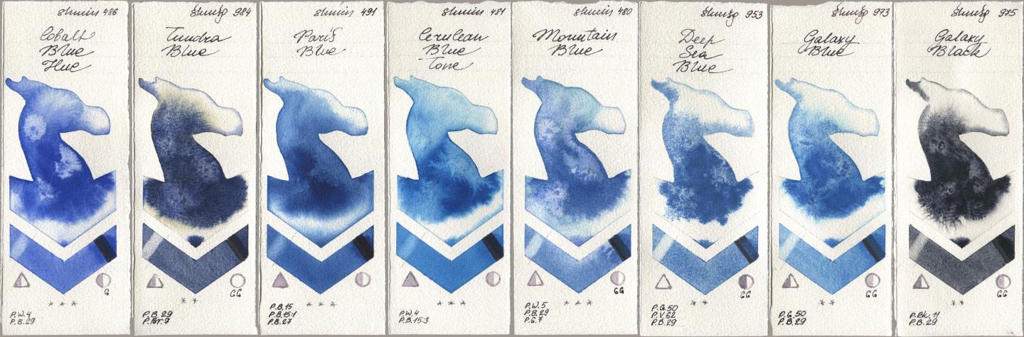 Shminke Horadam Aquarell 486 Cobalt Blue Hue, 984 Tundra Blue, 491 Paris Blue, 481 Cerulean Blue Tone, 480 Mountain Blue, 953 Deep Sea Blue, 973 Galaxy Blue, 975 Galaxy Bla watercolor swatch