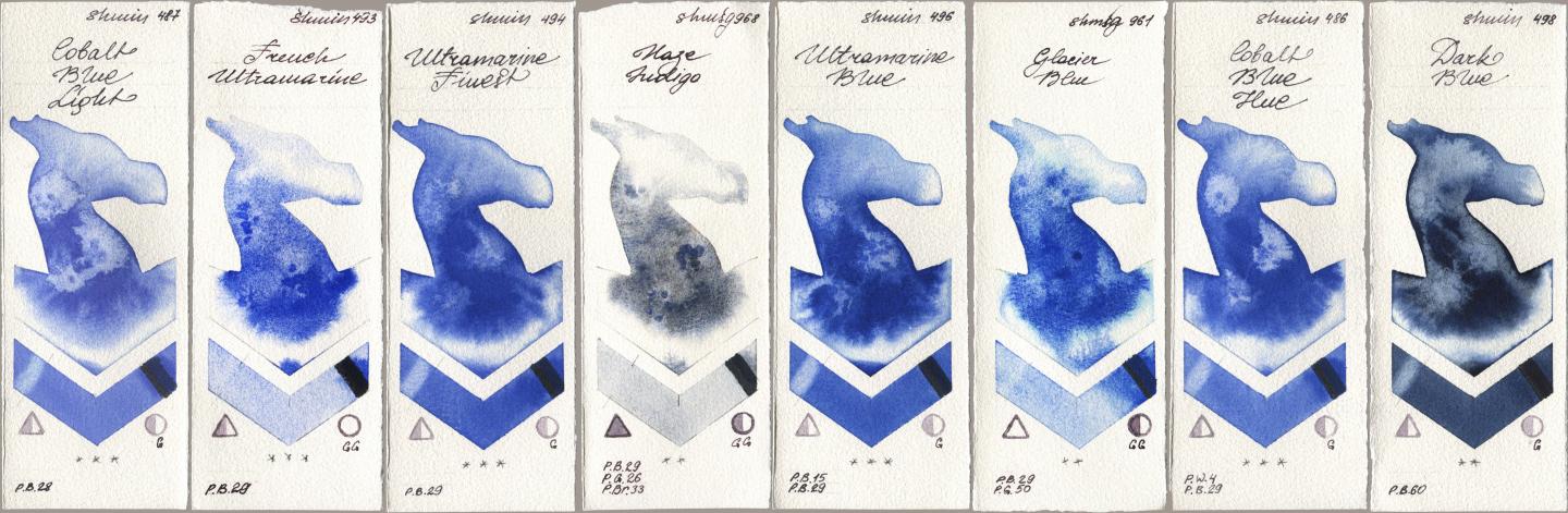 Shminke Horadam Aquarell 487 Cobalt Blue Light, 493 French Ultramarine, 494 Ultramarine Finest, 968 Haze Indigo, 496 Ultramarine Blue, 961 Glacier Blue, 486 Cobalt Blue Hue, 498 Dark Bl watercolor swatch