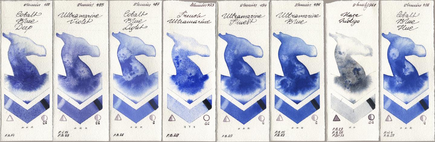 Shminke Horadam Aquarell 488 Cobalt Blue Deep, 495 Ultramarine Violet, 487 Cobalt Blue Light, 493 French Ultramarine, 494 Ultramarine Finest, 496 Ultramarine Blue, 968 Haze Indigo, 486 Cobalt Blue H watercolor swatch