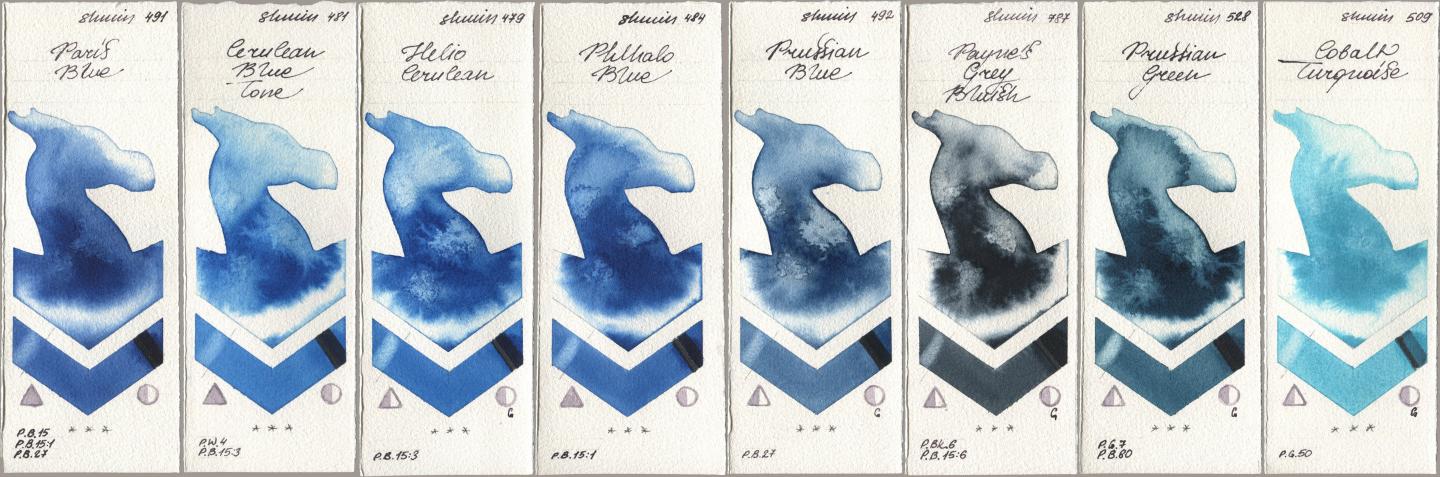 Shminke Horadam Aquarell 491 Paris Blue, 481 Cerulean Blue Tone, 479 Helio Cerulean, 484 Phthalo Blue, 492 Prussian Blue, 787 Paynes Grey Bluish, 528 Prussian Green, 509 Cobalt Turquoi watercolor swatch