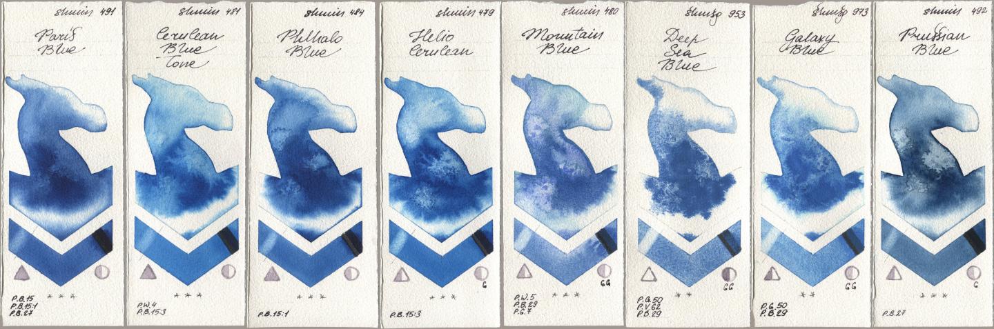 Shminke Horadam Aquarell 491 Paris Blue, 481 Cerulean Blue Tone, 484 Phthalo Blue, 479 Helio Cerulean, 480 Mountain Blue, 953 Deep Sea Blue, 973 Galaxy Blue, 492 Prussian Bl watercolor swatch