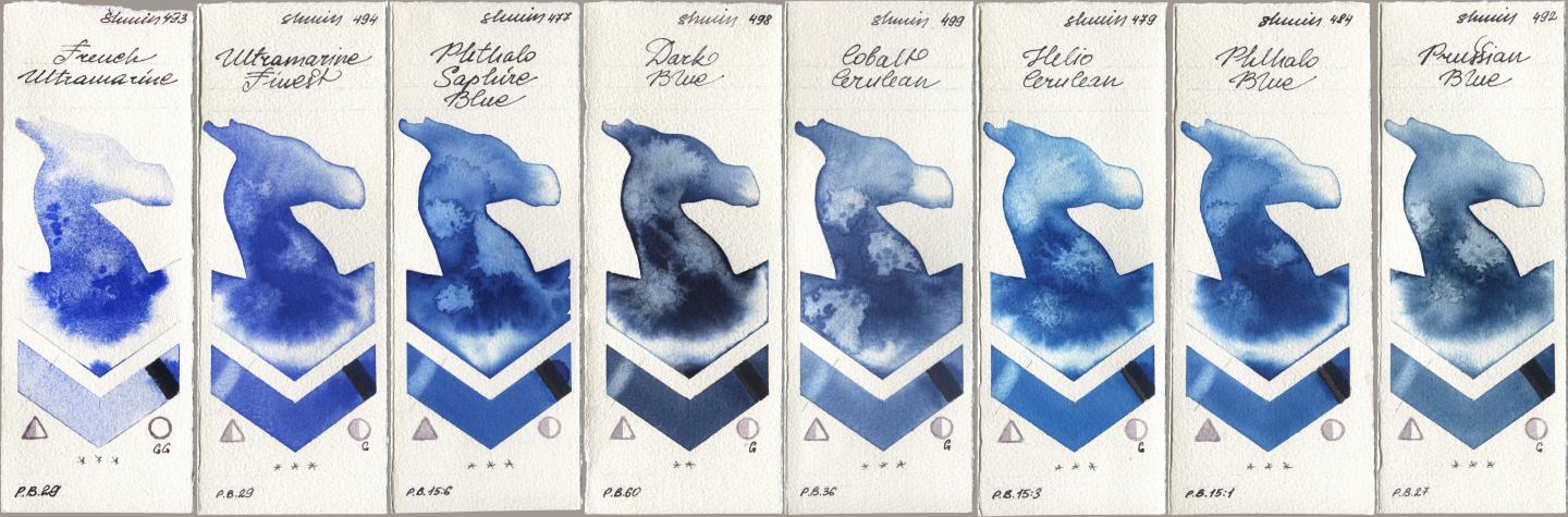 Shminke Horadam Aquarell 493 French Ultramarine, 494 Ultramarine Finest, 477 Phthalo Saphire Blue, 498 Dark Blue, 499 Cobalt Cerulean, 479 Helio Cerulean, 484 Phthalo Blue, 492 Prussian Bl watercolor swatch