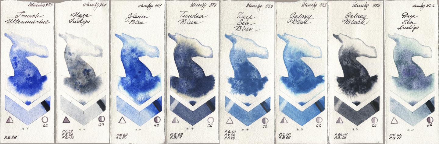 Shminke Horadam Aquarell 493 French Ultramarine, 968 Haze Indigo, 961 Glacier Blue, 984 Tundra Blue, 953 Deep Sea Blue, 973 Galaxy Blue, 975 Galaxy Black, 952 Deep Sea Indi watercolor swatch