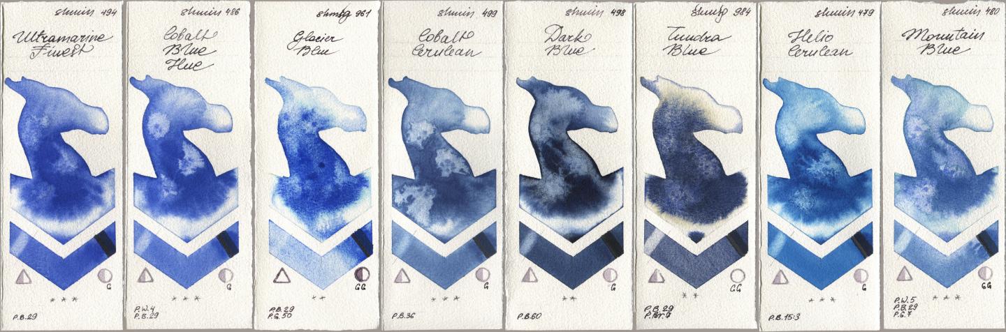 Shminke Horadam Aquarell 494 Ultramarine Finest, 486 Cobalt Blue Hue, 961 Glacier Blue, 499 Cobalt Cerulean, 498 Dark Blue, 984 Tundra Blue, 479 Helio Cerulean, 480 Mountain Bl watercolor swatch