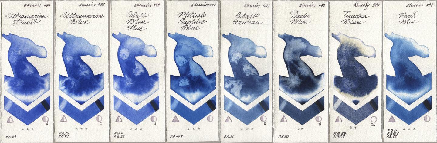 Shminke Horadam Aquarell 494 Ultramarine Finest, 496 Ultramarine Blue, 486 Cobalt Blue Hue, 477 Phthalo Saphire Blue, 499 Cobalt Cerulean, 498 Dark Blue, 984 Tundra Blue, 491 Paris Bl watercolor swatch