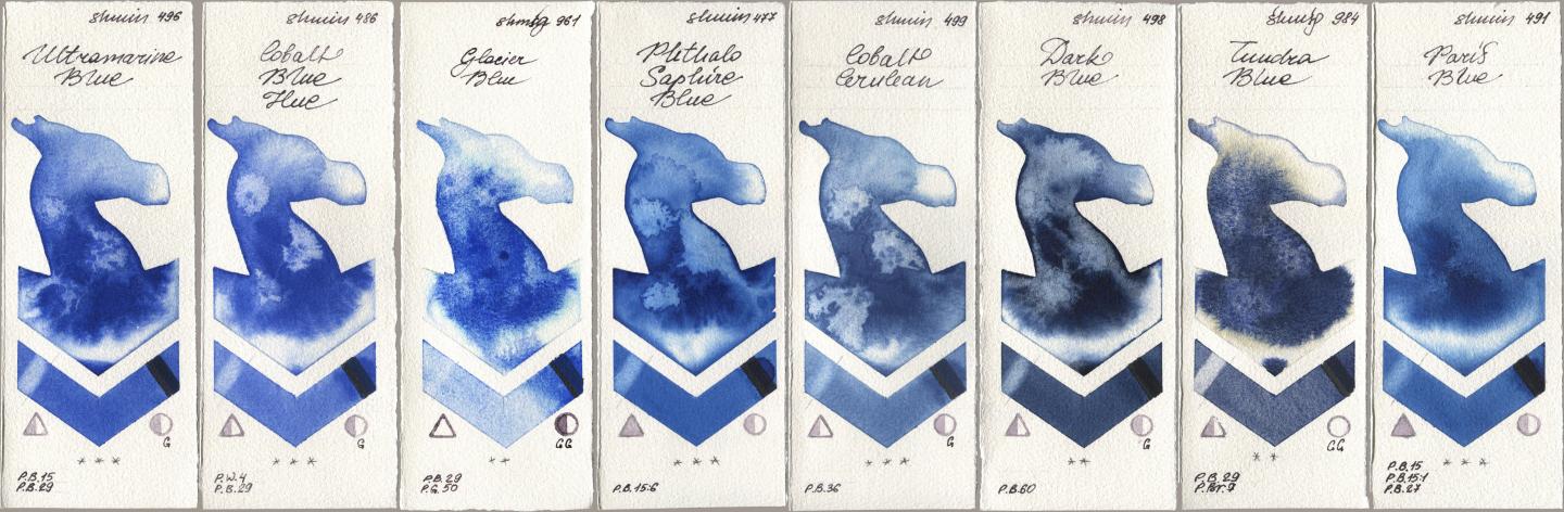 Shminke Horadam Aquarell 496 Ultramarine Blue, 486 Cobalt Blue Hue, 961 Glacier Blue, 477 Phthalo Saphire Blue, 499 Cobalt Cerulean, 498 Dark Blue, 984 Tundra Blue, 491 Paris Bl watercolor swatch