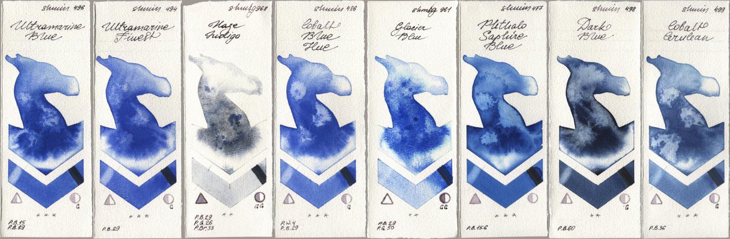 Shminke Horadam Aquarell 496 Ultramarine Blue, 494 Ultramarine Finest, 968 Haze Indigo, 486 Cobalt Blue Hue, 961 Glacier Blue, 477 Phthalo Saphire Blue, 498 Dark Blue, 499 Cobalt Cerule watercolor swatch