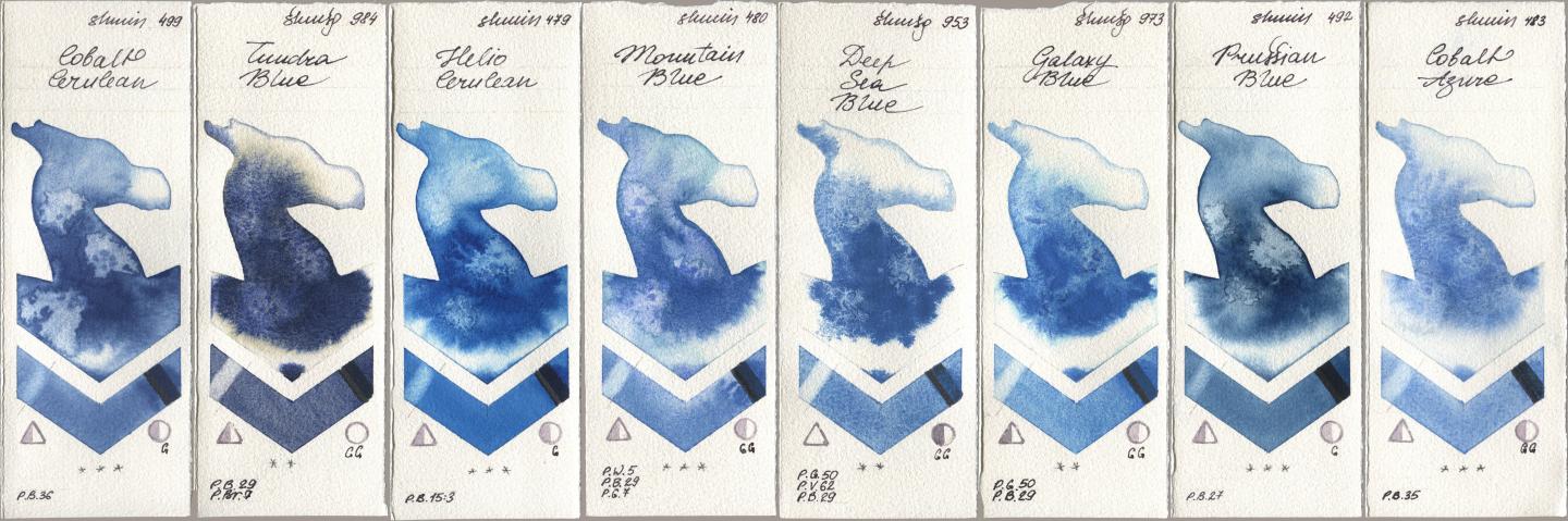 Shminke Horadam Aquarell 499 Cobalt Cerulean, 984 Tundra Blue, 479 Helio Cerulean, 480 Mountain Blue, 953 Deep Sea Blue, 973 Galaxy Blue, 492 Prussian Blue, 483 Cobalt Azu watercolor swatch