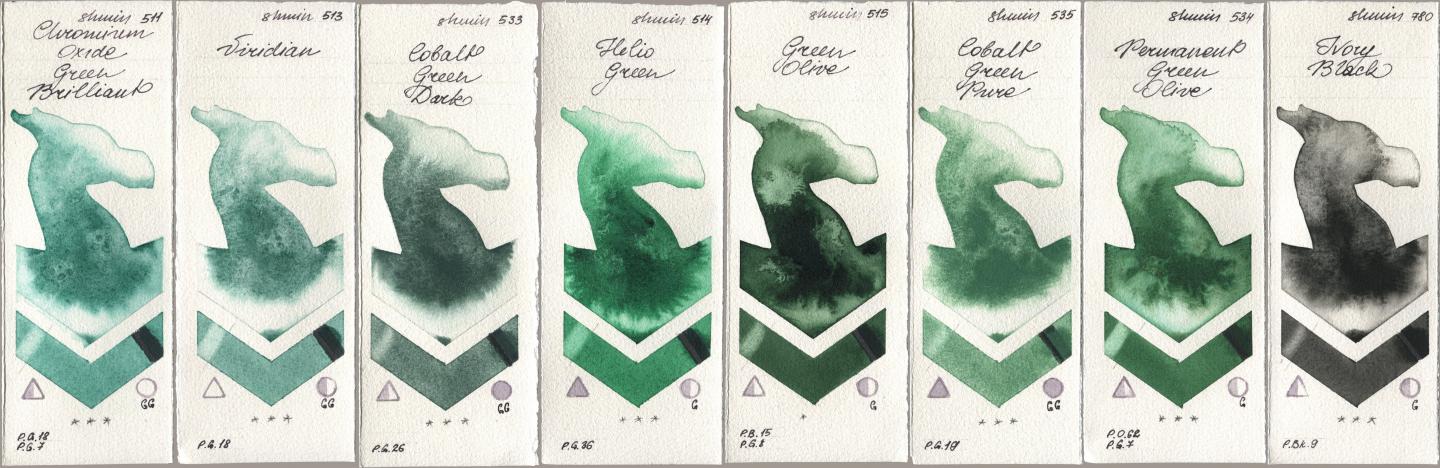 Shminke Horadam Aquarell 511 Chromium Oxide Green Brilliant, 513 Viridian, 533 Cobalt Green Dark, 514 Helio Green, 515 Green Olive, 535 Cobalt Green Pure, 534 Permanent Green Olive, 780 Ivory Bla watercolor swatch