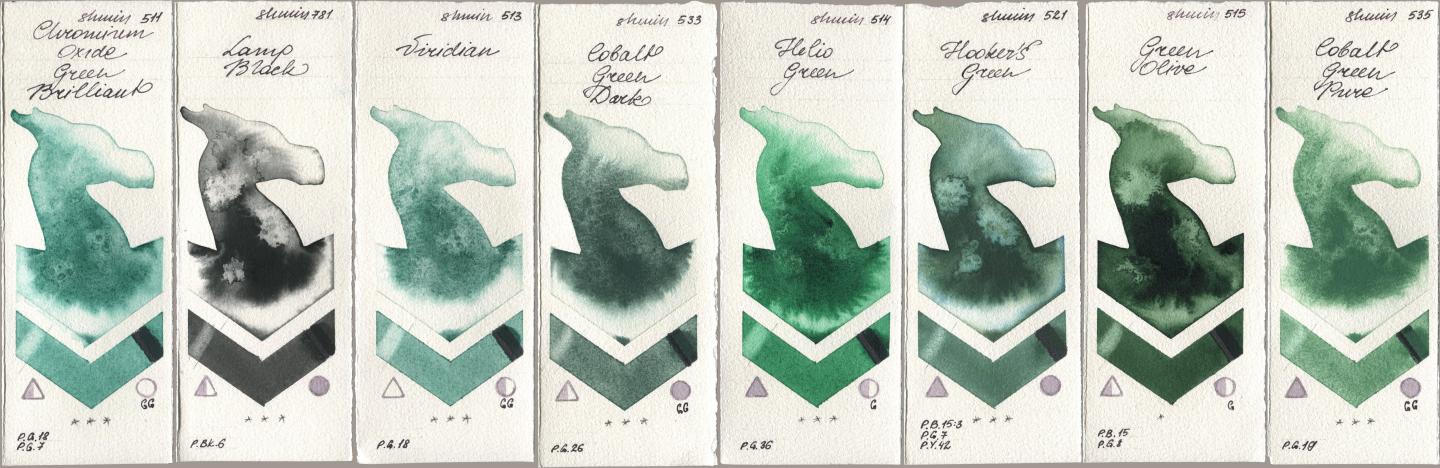 Shminke Horadam Aquarell 511 Chromium Oxide Green Brilliant, 781 Lamp Black, 513 Viridian, 533 Cobalt Green Dark, 514 Helio Green, 521 Hookers Green, 515 Green Olive, 535 Cobalt Green Pu watercolor swatch