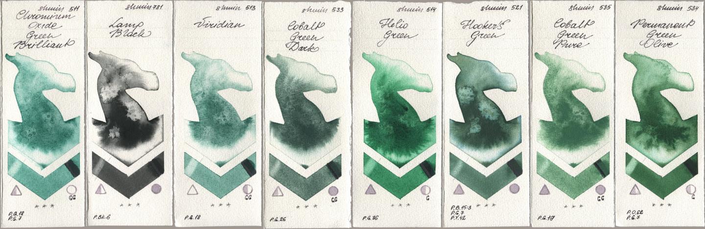 Shminke Horadam Aquarell 511 Chromium Oxide Green Brilliant, 781 Lamp Black, 513 Viridian, 533 Cobalt Green Dark, 514 Helio Green, 521 Hookers Green, 535 Cobalt Green Pure, 534 Permanent Green Oli watercolor swatch