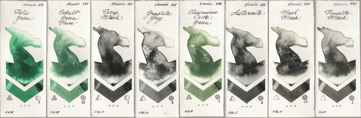 Shminke Horadam Aquarell 514 Helio Green, 535 Cobalt Green Pure, 780 Ivory Black, 788 Graphite Grey, 512 Chromium Oxide Green, 786 Anthracite, 791 Mars Black, 789 Hematite Bla watercolor swatch