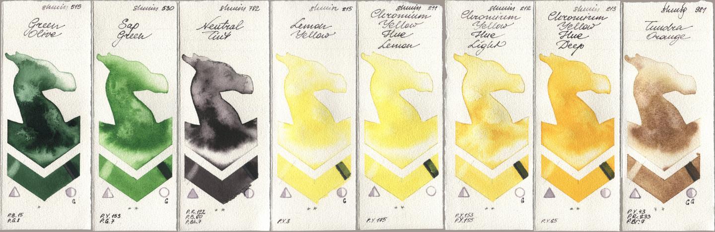 Shminke Horadam Aquarell 515 Green Olive, 530 Sap Green, 782 Neutral Tint, 215 Lemon Yellow, 211 Chromium Yellow Hue Lemon, 212 Chromium Yellow Hue Light, 213 Chrome Yellow Deep LF (Chromium Yellow Hue Deep), 981 Tundra Oran watercolor swatch