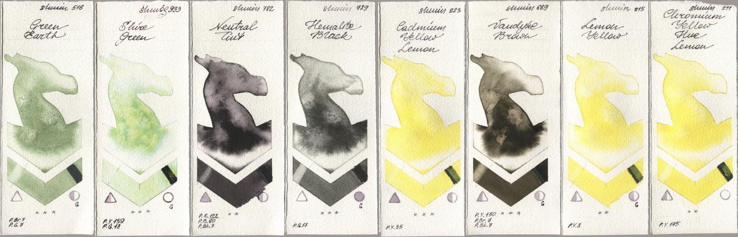 Shminke Horadam Aquarell 516 Green Earth, 933 Shire Green, 782 Neutral Tint, 789 Hematite Black, 223 Cadmium Yellow Lemon, 669 Vandyke Brown, 215 Lemon Yellow, 211 Chromium Yellow Hue Lem watercolor swatch