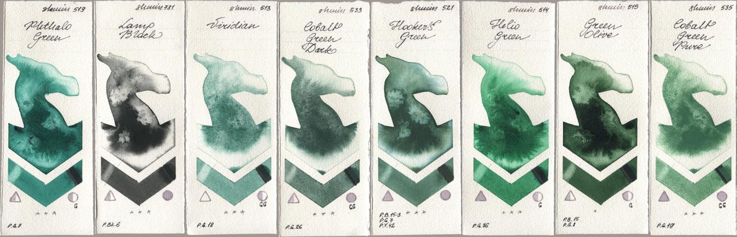 Shminke Horadam Aquarell 519 Phthalo Green, 781 Lamp Black, 513 Viridian, 533 Cobalt Green Dark, 521 Hookers Green, 514 Helio Green, 515 Green Olive, 535 Cobalt Green Pu watercolor swatch