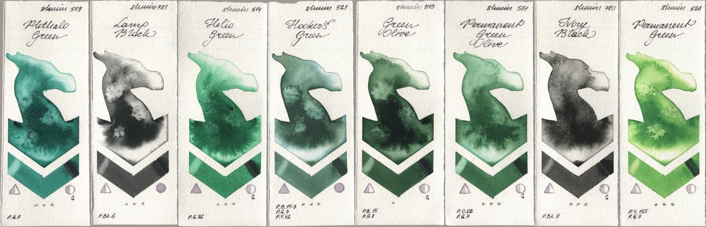 Shminke Horadam Aquarell 519 Phthalo Green, 781 Lamp Black, 514 Helio Green, 521 Hookers Green, 515 Green Olive, 534 Permanent Green Olive, 780 Ivory Black, 526 Permanent Gre watercolor swatch