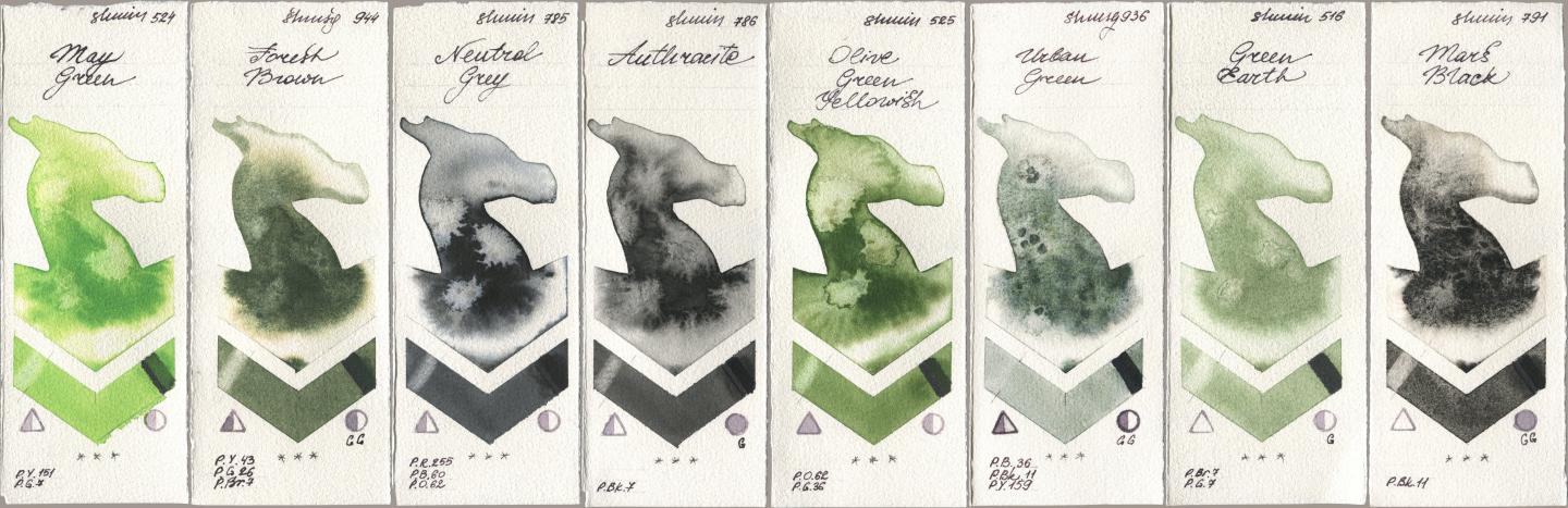 Shminke Horadam Aquarell 524 May Green, 944 Forest Brown, 785 Neutral Grey, 786 Anthracite, 525 Olive Green Yellowish, 936 Urban Green, 516 Green Earth, 791 Mars Bla watercolor swatch