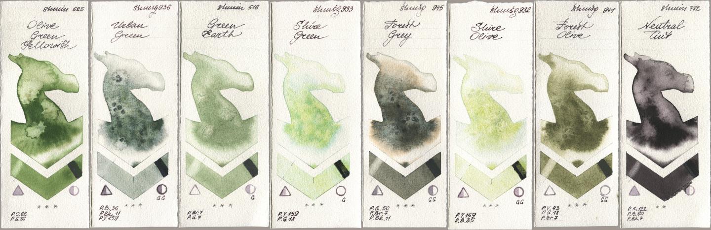 Shminke Horadam Aquarell 525 Olive Green Yellowish, 936 Urban Green, 516 Green Earth, 933 Shire Green, 945 Forest Grey, 932 Shire Olive, 941 Forest Olive, 782 Neutral Ti watercolor swatch