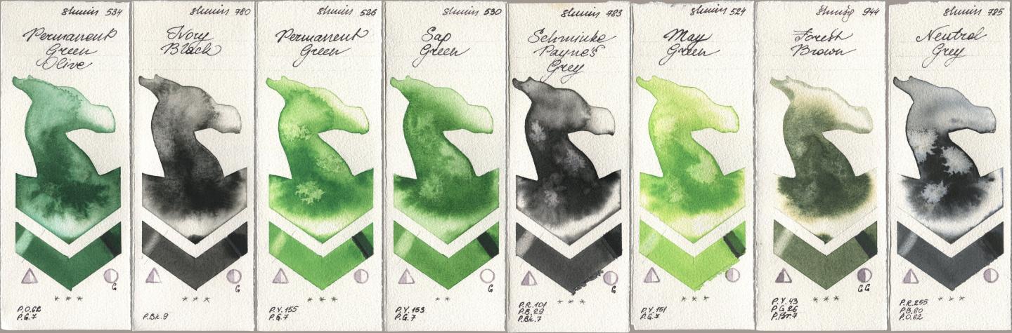 Shminke Horadam Aquarell 534 Permanent Green Olive, 780 Ivory Black, 526 Permanent Green, 530 Sap Green, 783 Schmincke Paynes Grey, 524 May Green, 944 Forest Brown, 785 Neutral Gr watercolor swatch