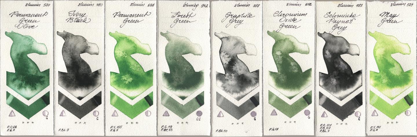 Shminke Horadam Aquarell 534 Permanent Green Olive, 780 Ivory Black, 526 Permanent Green, 942 Forest Green, 788 Graphite Grey, 512 Chromium Oxide Green, 783 Schmincke Paynes Grey, 524 May Gre watercolor swatch
