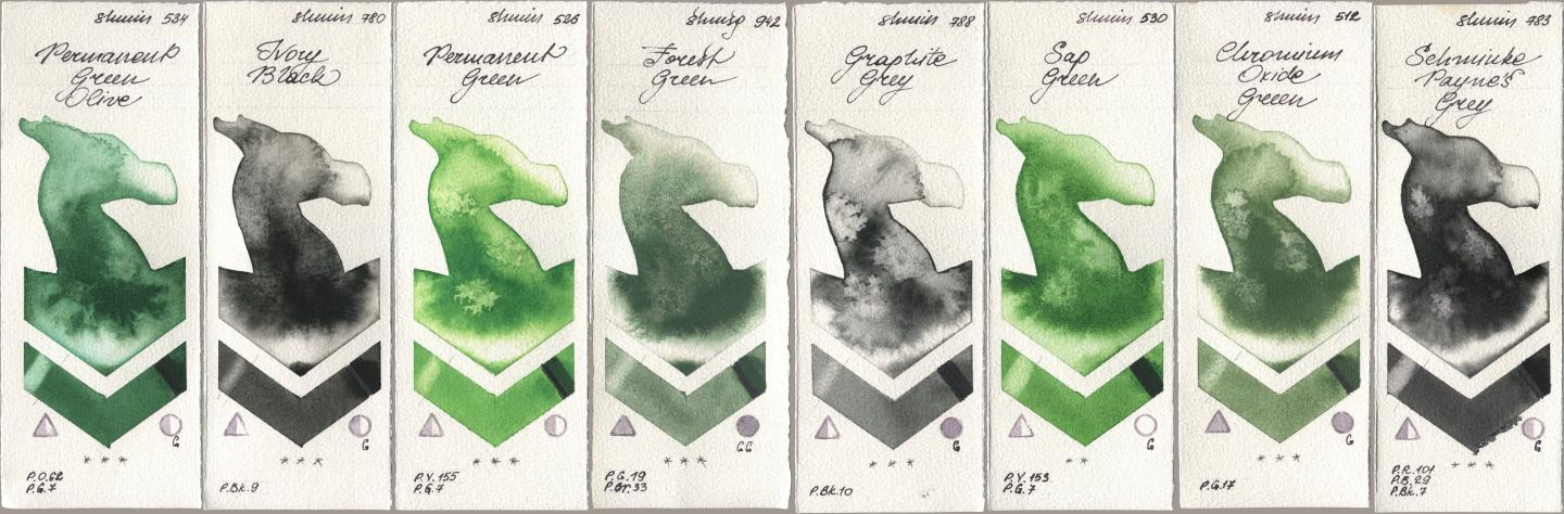 Shminke Horadam Aquarell 534 Permanent Green Olive, 780 Ivory Black, 526 Permanent Green, 942 Forest Green, 788 Graphite Grey, 530 Sap Green, 512 Chromium Oxide Green, 783 Schmincke Paynes Gr watercolor swatch