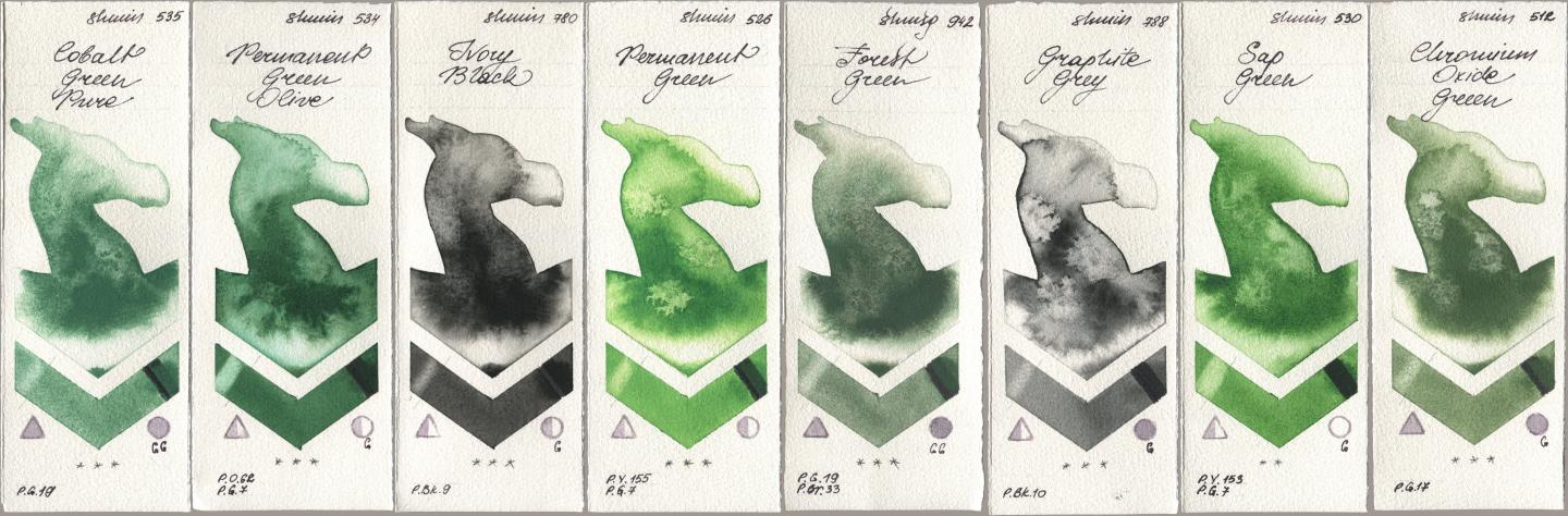 Shminke Horadam Aquarell 535 Cobalt Green Pure, 534 Permanent Green Olive, 780 Ivory Black, 526 Permanent Green, 942 Forest Green, 788 Graphite Grey, 530 Sap Green, 512 Chromium Oxide Gre watercolor swatch