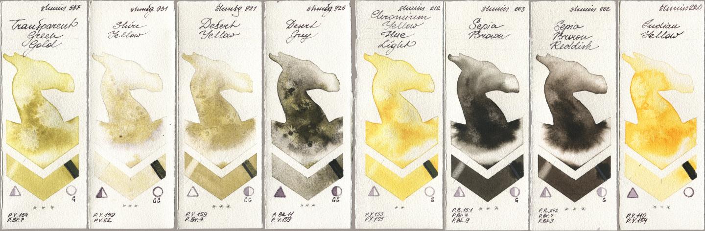 Shminke Horadam Aquarell 537 Transparent Green Gold, 931 Shire Yellow, 921 Desert Yellow, 925 Desert Grey, 212 Chromium Yellow Hue Light, 663 Sepia Brown, 662 Sepia Brown Reddish, 220 Indian Yell watercolor swatch