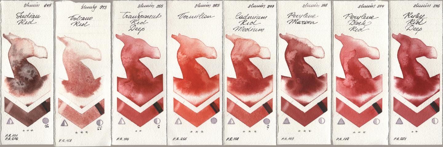 Shminke Horadam Aquarell 645 Indian Red, 913 Volcano Red, 355 Transparent Red Deep, 365 Vermilion, 347 Cadmium Red Medium, 366 Perylene Maroon, 344 Perylene Dark Red, 346 Ruby Red De watercolor swatch
