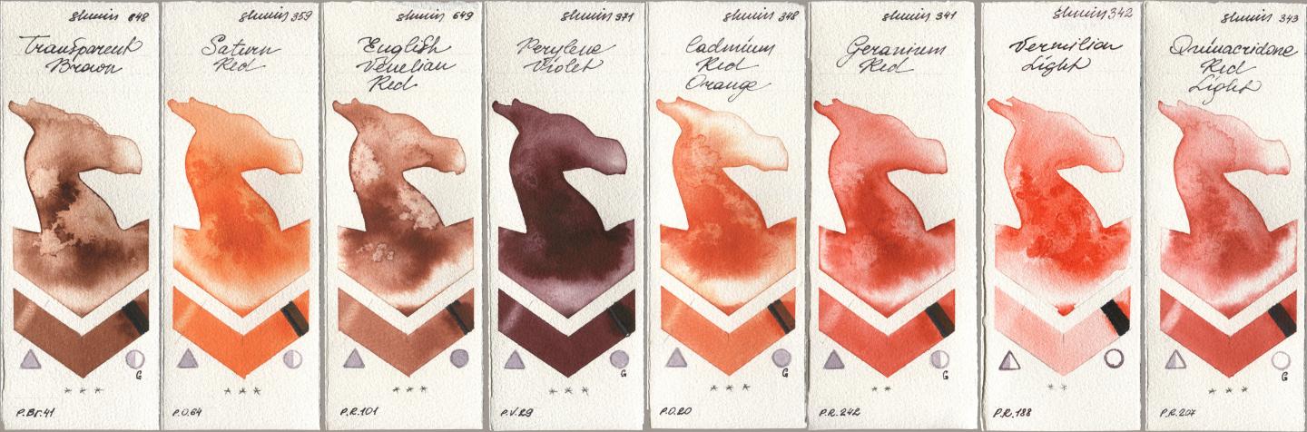 Shminke Horadam Aquarell 648 Transparent Brown, 359 Saturn Red, 649 English Venetian Red, 371 Perylene Violet, 348 Cadmium Red Orange, 341 Geranium Red, 342 Vermilion Light, 343 Quinacridone Red Lig watercolor swatch