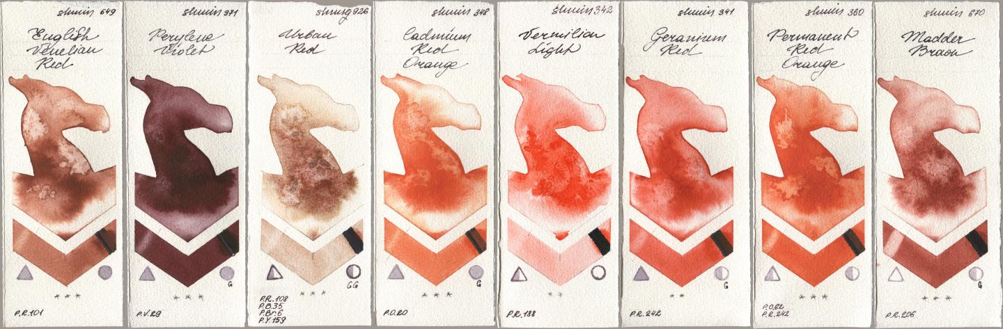 Shminke Horadam Aquarell 649 English Venetian Red, 371 Perylene Violet, 926 Urban Red, 348 Cadmium Red Orange, 342 Vermilion Light, 341 Geranium Red, 360 Permanent Red Orange, 670 Madder Bro watercolor swatch