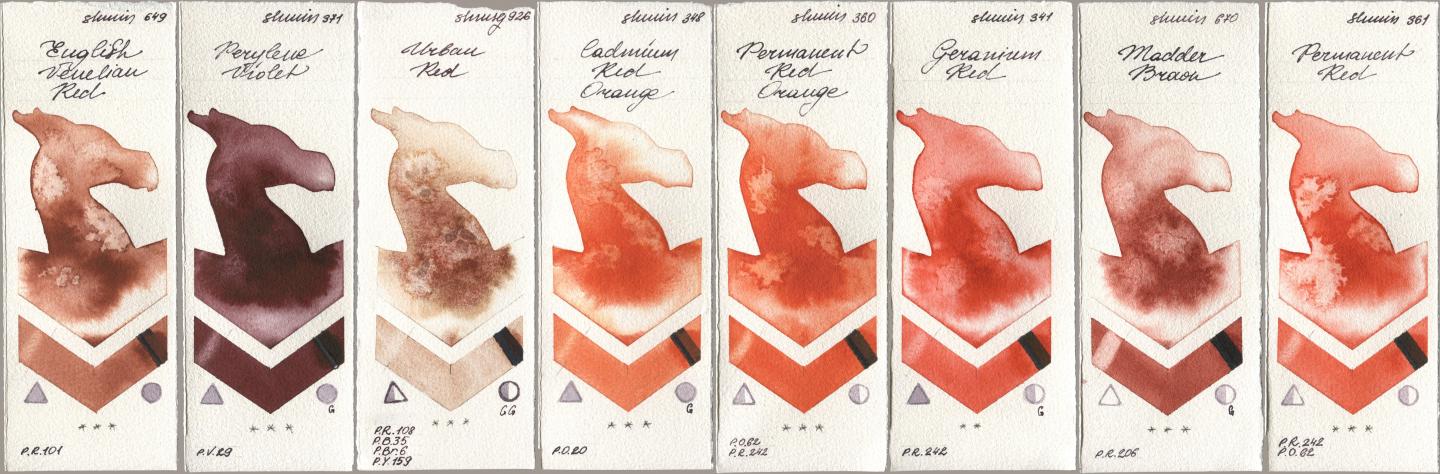 Shminke Horadam Aquarell 649 English Venetian Red, 371 Perylene Violet, 926 Urban Red, 348 Cadmium Red Orange, 360 Permanent Red Orange, 341 Geranium Red, 670 Madder Brown, 361 Permanent R watercolor swatch