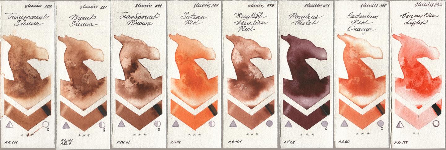 Shminke Horadam Aquarell 653 Transparent Sienna, 661 Burnt Sienna, 648 Transparent Brown, 359 Saturn Red, 649 English Venetian Red, 371 Perylene Violet, 348 Cadmium Red Orange, 342 Vermilion Lig watercolor swatch