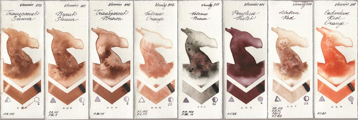 Shminke Horadam Aquarell 653 Transparent Sienna, 661 Burnt Sienna, 648 Transparent Brown, 912 Volcano Orange, 915 Volcano Brown, 371 Perylene Violet, 926 Urban Red, 348 Cadmium Red Oran watercolor swatch