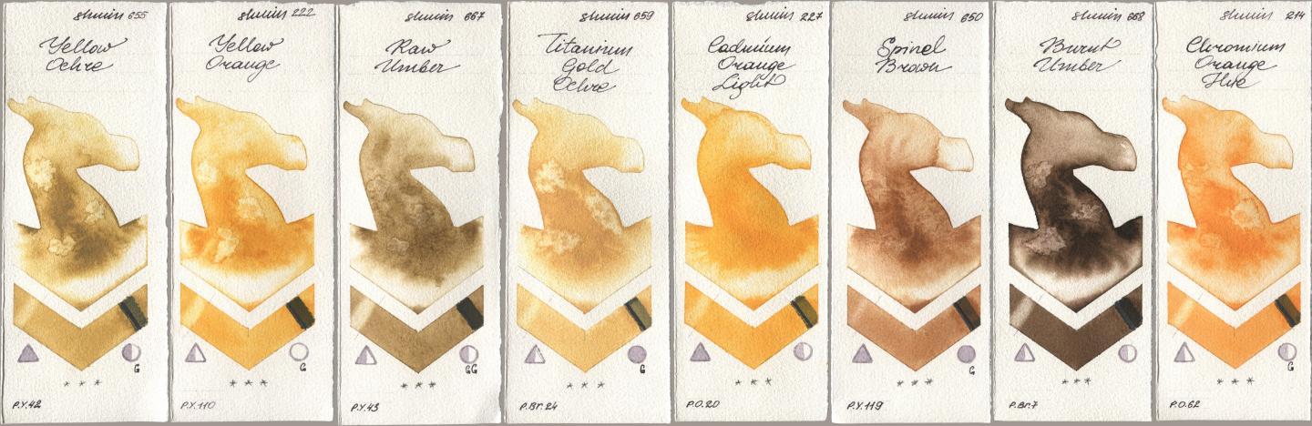 Shminke Horadam Aquarell 655 Yellow Ochre, 222 Yellow Orange, 667 Raw Umber, 659 Titanium Gold Ochre, 227 Cadmium Orange Light, 650 Spinel Brown, 668 Burnt Umber, 214 Chrome Organge LF (Chromium Orange Hu watercolor swatch