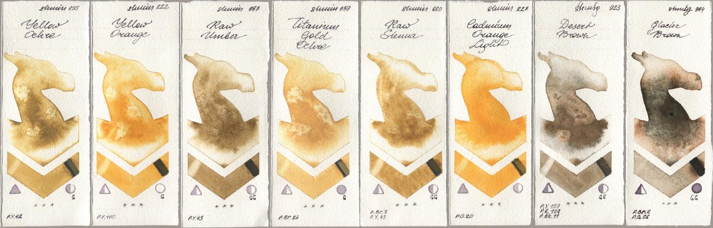 Shminke Horadam Aquarell 655 Yellow Ochre, 222 Yellow Orange, 667 Raw Umber, 659 Titanium Gold Ochre, 660 Raw Sienna, 227 Cadmium Orange Light, 923 Desert Brown, 964 Glacier Bro watercolor swatch