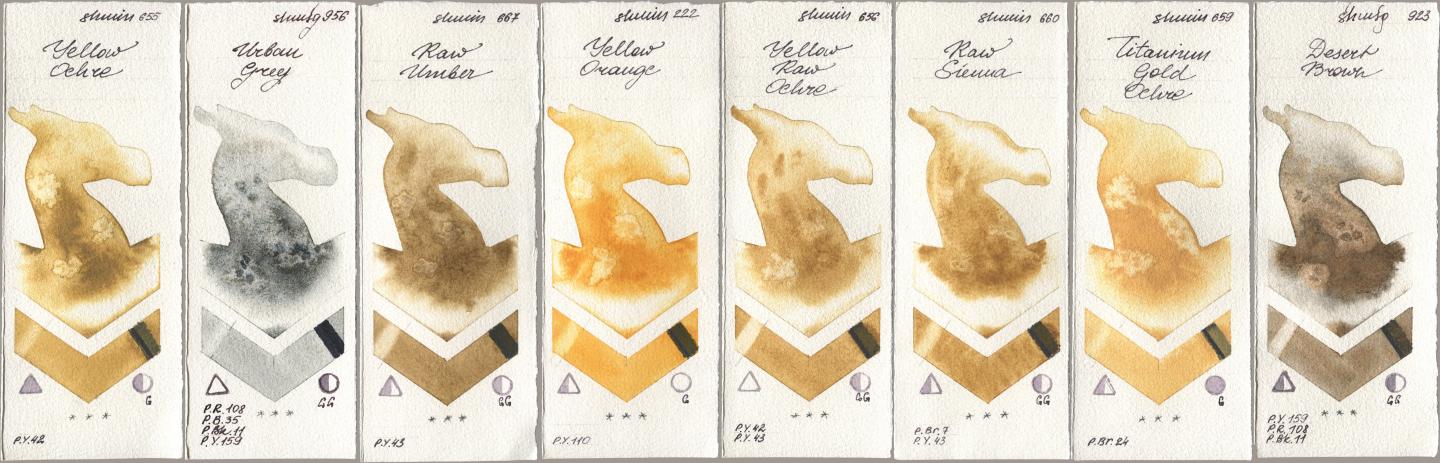 Shminke Horadam Aquarell 655 Yellow Ochre, 956 Urban Grey, 667 Raw Umber, 222 Yellow Orange, 656 Yellow Raw Ochre, 660 Raw Sienna, 659 Titanium Gold Ochre, 923 Desert Bro watercolor swatch