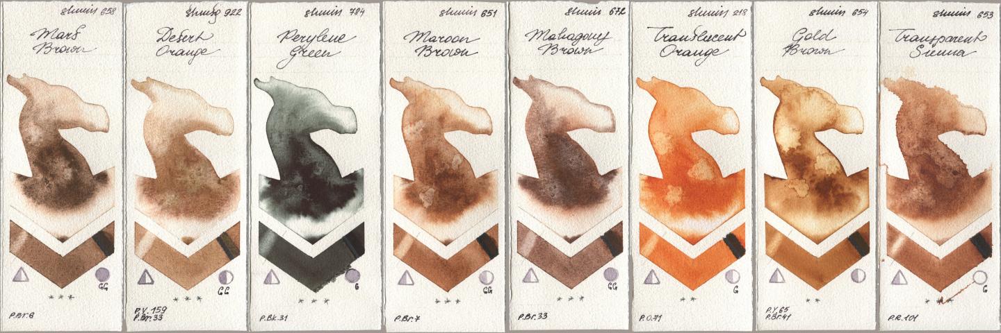 Shminke Horadam Aquarell 658 Mars Brown, 922 Desert Orange, 784 Perylene Green, 651 Maroon Brown, 672 Mahagony Brown, 218 Translucent Orange / Transparent Orange, 654 Gold Brown, 653 Transparent Sien watercolor swatch