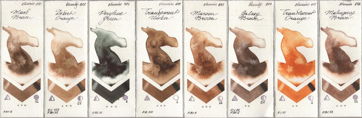 Shminke Horadam Aquarell 658 Mars Brown, 922 Desert Orange, 784 Perylene Green, 671 Transparent Umber, 651 Maroon Brown, 974 Galaxy Brown, 218 Translucent Orange / Transparent Orange, 672 Mahagony Bro watercolor swatch