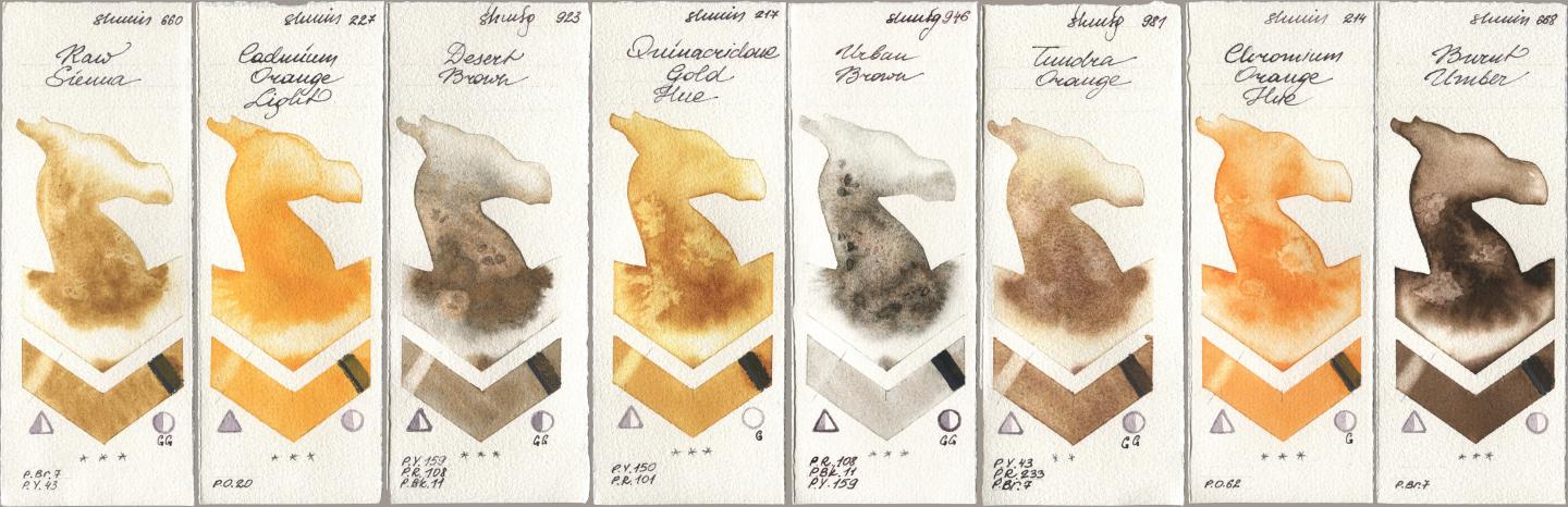 Shminke Horadam Aquarell 660 Raw Sienna, 227 Cadmium Orange Light, 923 Desert Brown, 217 Quinacridone Gold Hue, 946 Urban Brown, 981 Tundra Orange, 214 Chrome Organge LF (Chromium Orange Hue), 668 Burnt Umb watercolor swatch