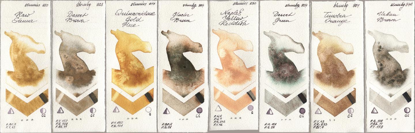 Shminke Horadam Aquarell 660 Raw Sienna, 923 Desert Brown, 217 Quinacridone Gold Hue, 964 Glacier Brown, 230 Naples Yellow Reddish, 924 Desert Green, 981 Tundra Orange, 946 Urban Bro watercolor swatch