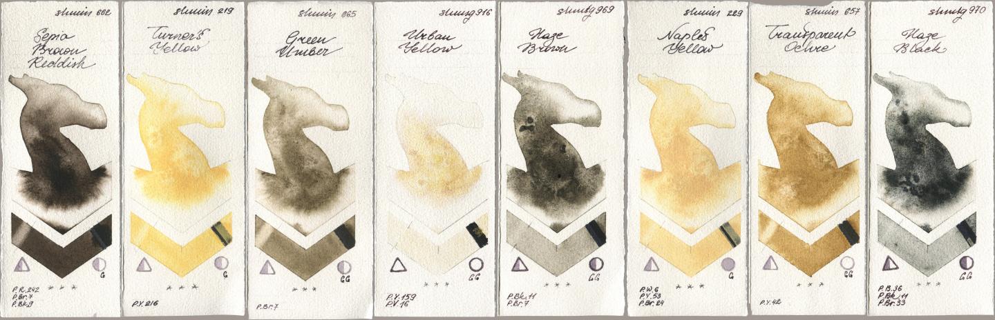Shminke Horadam Aquarell 662 Sepia Brown Reddish, 219 Turner‘s Yellow, 665 Green Umber, 916 Urban Yellow, 969 Haze Brown, 229 Naples Yellow, 657 Transparent Ochre, 970 Haze Bla watercolor swatch
